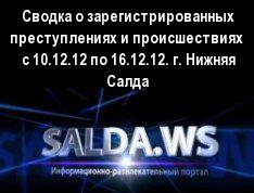 Сводка о зарегистрированных преступлениях и происшествиях   с 10.12.12 по 16.12.12. г. Нижняя Салда