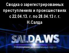 Сводка о зарегистрированных преступлениях и происшествиях с 22.04.13. г. по 28.04.13 г. г. Н.Салда