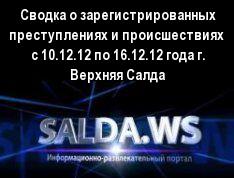 Сводка о зарегистрированных преступлениях и происшествиях  с 10.12.12 по 16.12.12 года г. Верхняя Салда